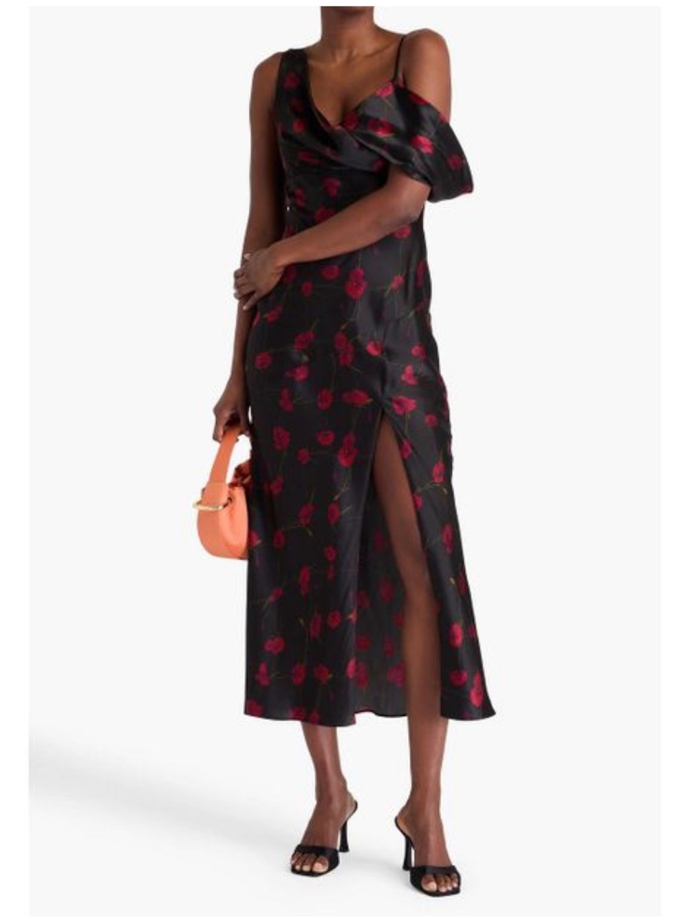 NICHOLAS Black One-Shoulder Maxi Dress with Red Floral Motif
